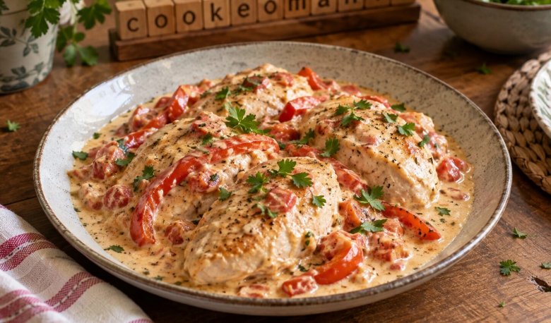 Filets de poulet keto au mascarpone dans une sauce crémeuse aux tomates et poivrons rouges