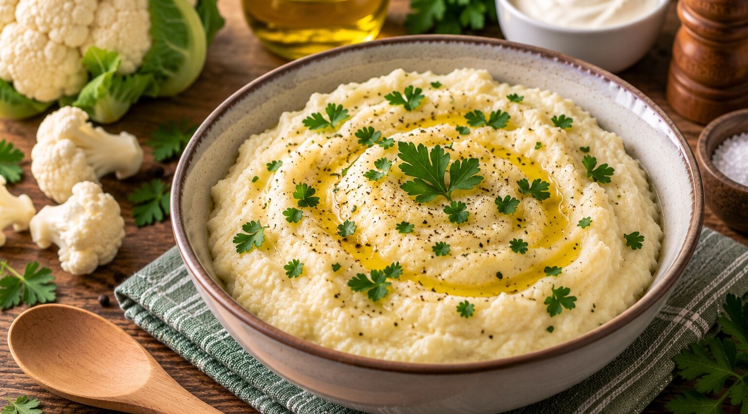 Purée de chou-fleur keto à la crème au Cookeo, onctueuse avec un filet d'huile d'olive et du poivre