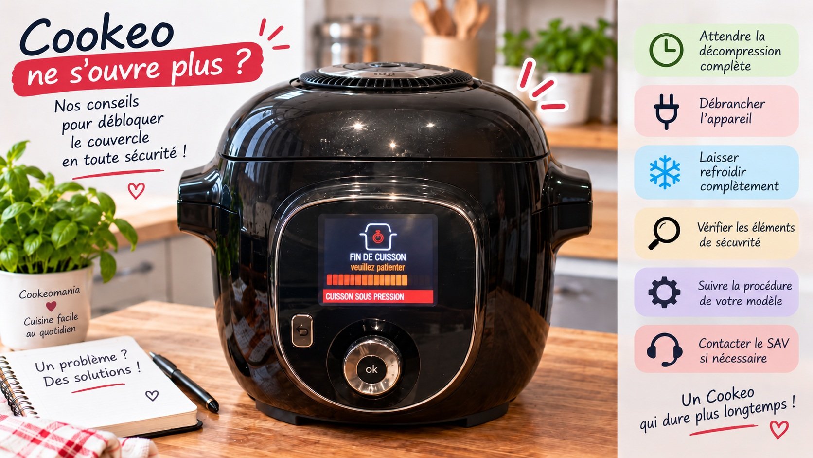 Cookeo affichant « Fin de cuisson, veuillez patienter » avec conseils pour un couvercle qui ne s’ouvre plus.