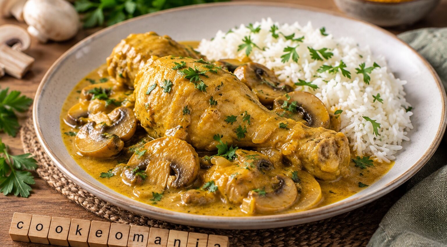 Cuisses de poulet au curry avec champignons de Paris dans une sauce crémeuse