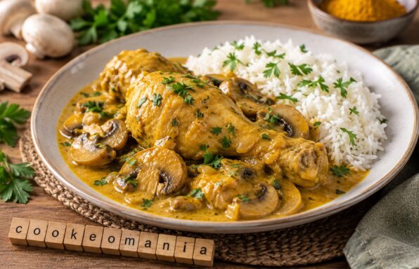 Cuisses de poulet au curry avec champignons de Paris dans une sauce crémeuse