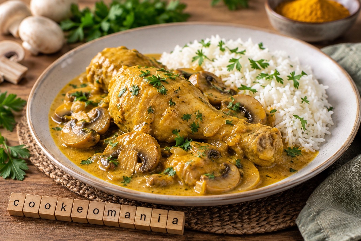 Cuisses de poulet au curry avec champignons de Paris dans une sauce crémeuse