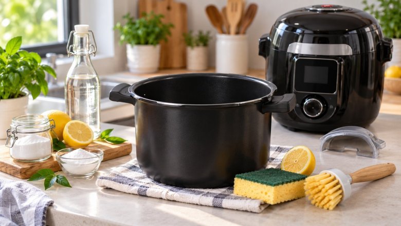 Cuve de Cookeo posée sur un plan de travail avec citron, vinaigre blanc, bicarbonate, éponge et brosse pour le nettoyage.