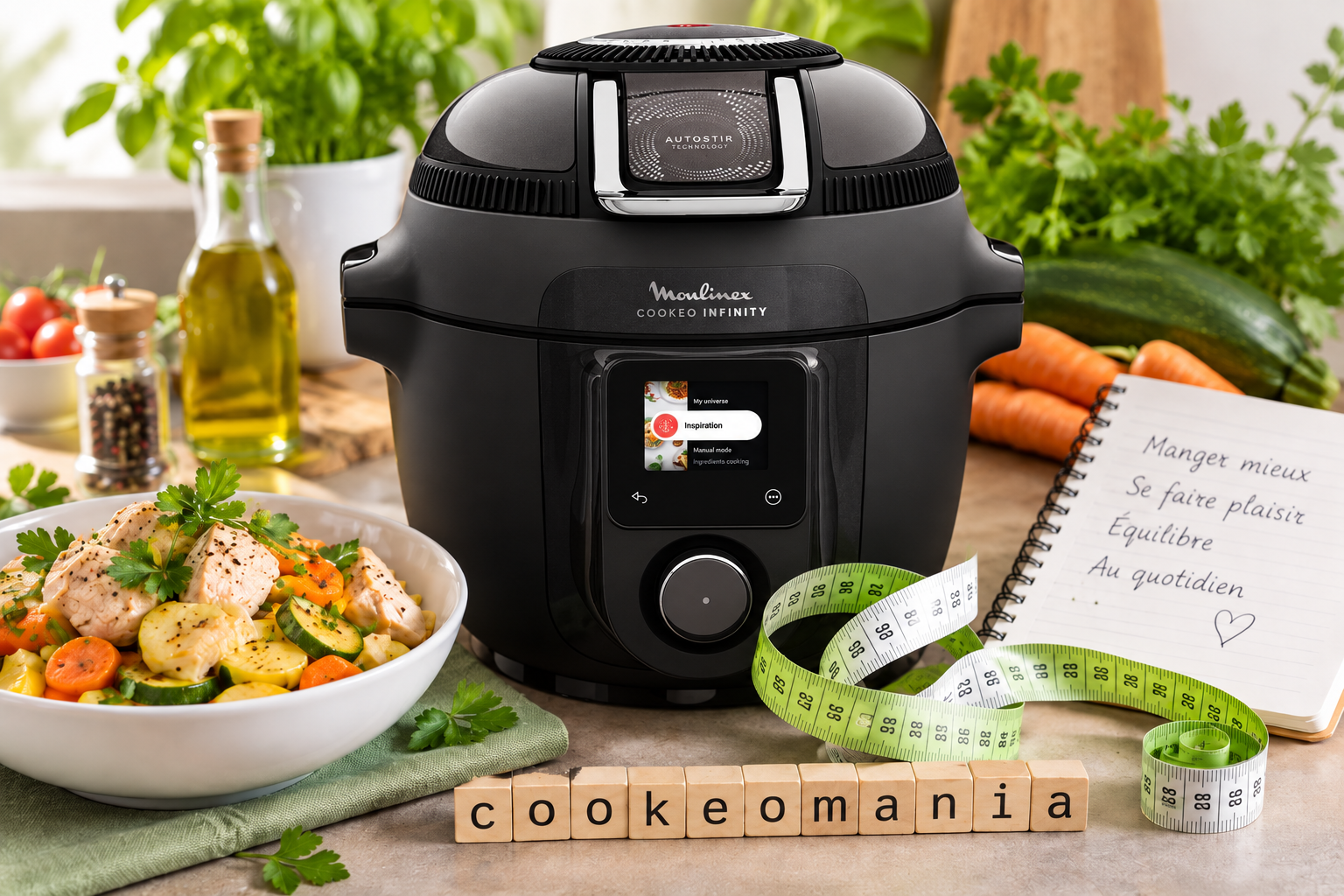Cookeo Infinity entouré de légumes et d’un plat léger pour illustrer des recettes Weight Watchers