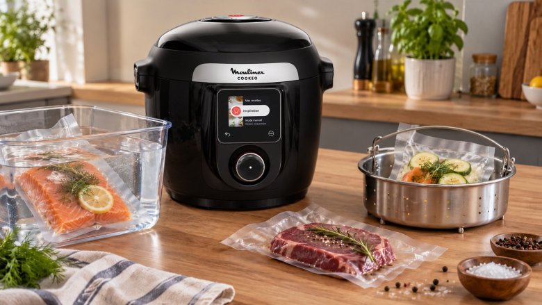 Cookeo noir avec saumon, viande et légumes sous vide pour illustrer les modes immergé et Eco.