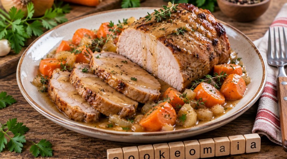 Rôti de porc tendre au Cookeo servi avec carottes, oignons et sauce