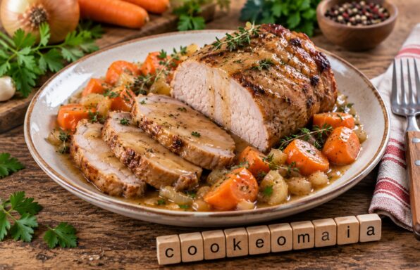 Rôti de porc tendre au Cookeo servi avec carottes, oignons et sauce