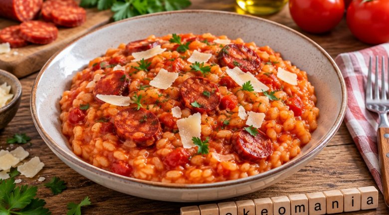 Risotto crémeux au chorizo et coulis de tomate, servi avec quelques copeaux de parmesan
