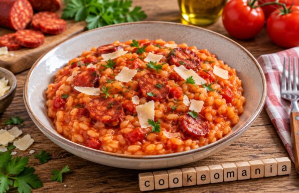 Risotto crémeux au chorizo et coulis de tomate, servi avec quelques copeaux de parmesan