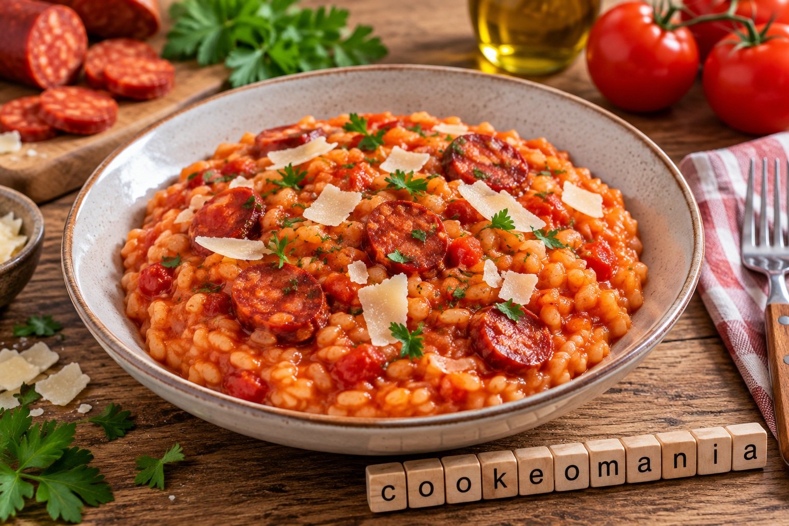 Risotto crémeux au chorizo et coulis de tomate, servi avec quelques copeaux de parmesan