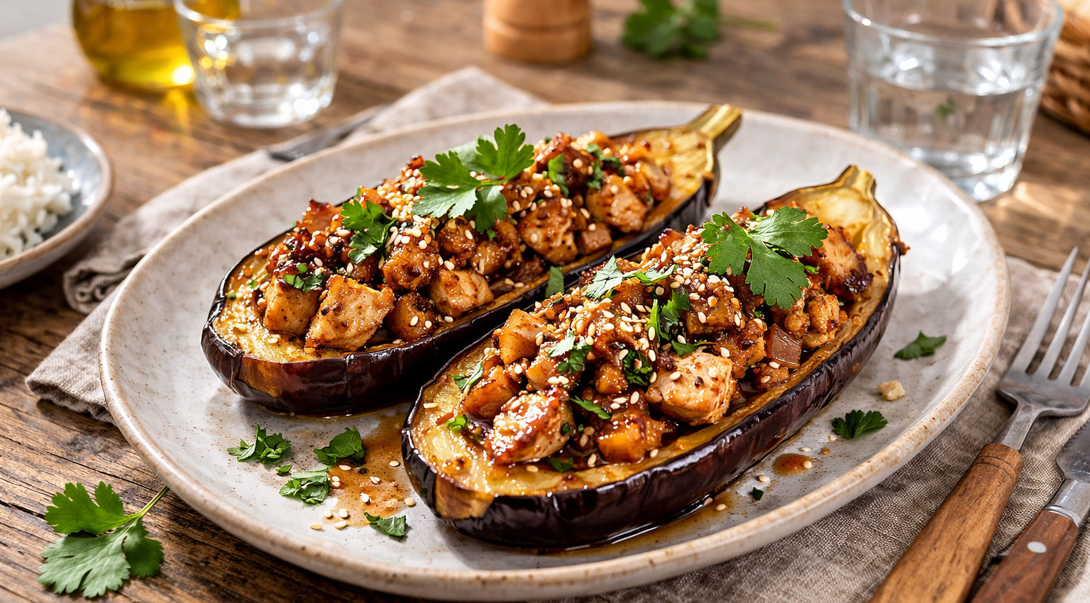 Aubergines farcies au poulet soja-sésame au Cookeo