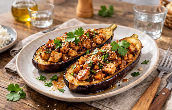 Aubergines farcies au poulet soja-sésame au Cookeo