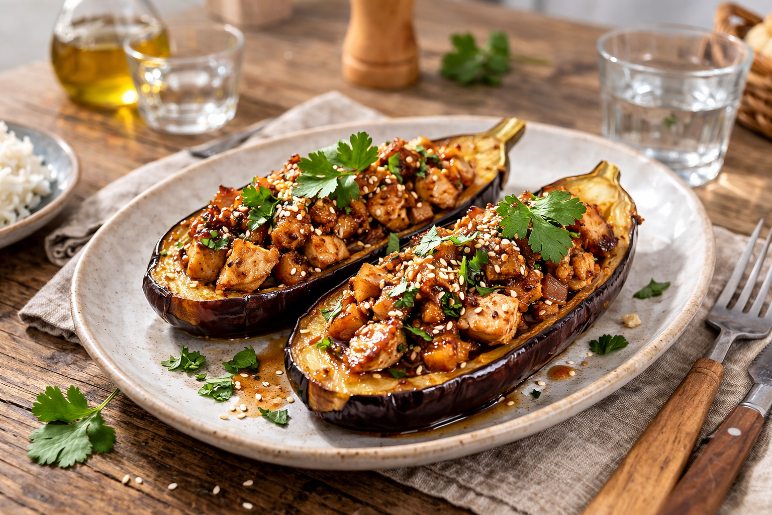 Aubergines farcies au poulet soja-sésame au Cookeo