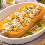 Butternut farcie au poulet fondant et bleu d’Auvergne au cookéo