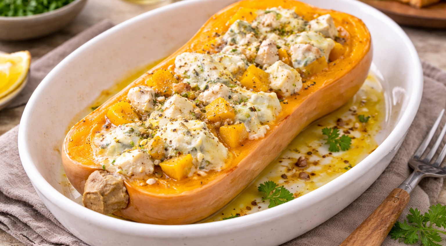Butternut farcie au poulet fondant et bleu d’Auvergne au Cookeo