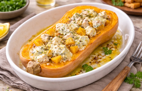 Butternut farcie au poulet fondant et bleu d’Auvergne au Cookeo