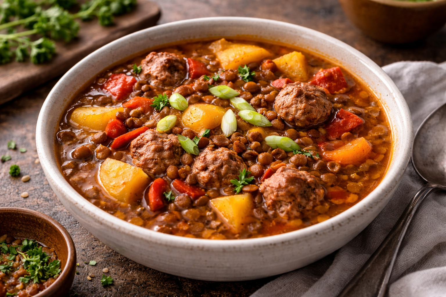 Mijoté de lentillons aux boulettes de saucisse