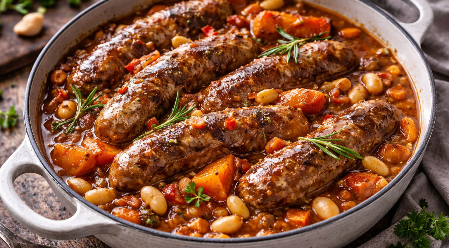 Cocotte express de saucisses, haricots blancs et patates douces