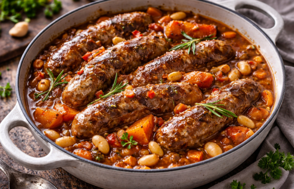Cocotte express de saucisses, haricots blancs et patates douces