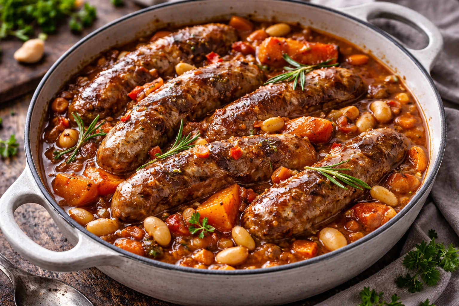 Cocotte express de saucisses, haricots blancs et patates douces