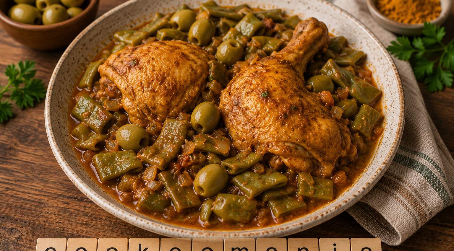 Cuisses de poulet colombo au Cookeo, haricots plats et olives vertes en sauce