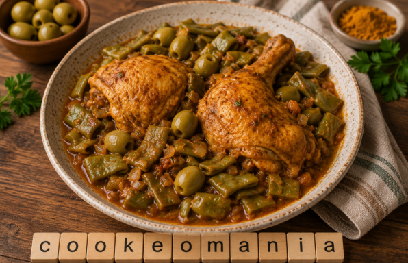 Cuisses de poulet colombo au Cookeo, haricots plats et olives vertes en sauce