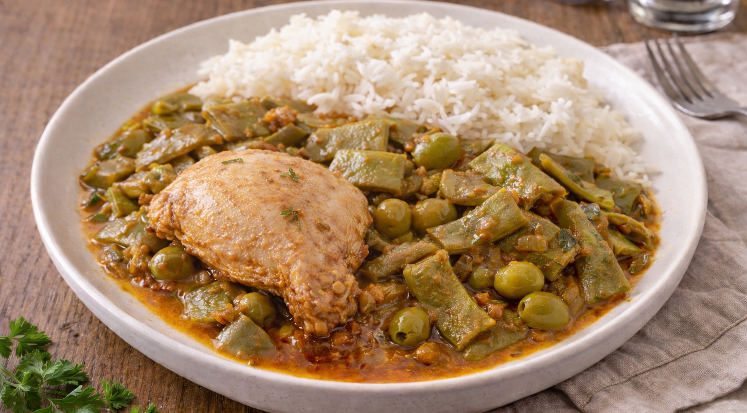 Cuisses de poulet colombo, haricots plats et olives vertes