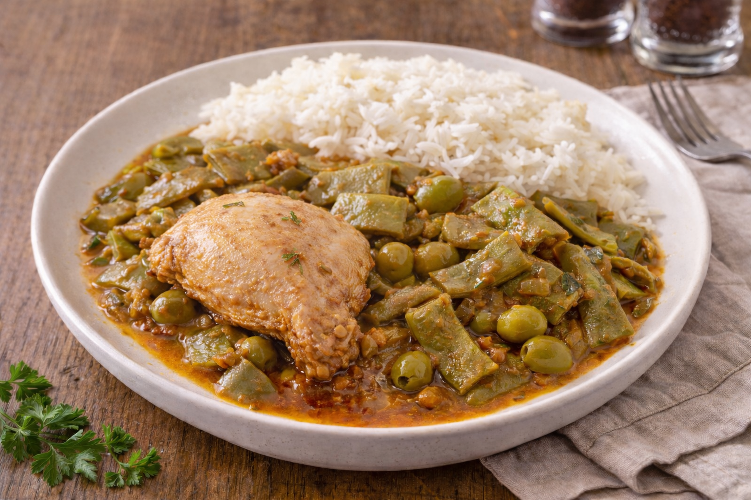 Cuisses de poulet colombo, haricots plats et olives vertes