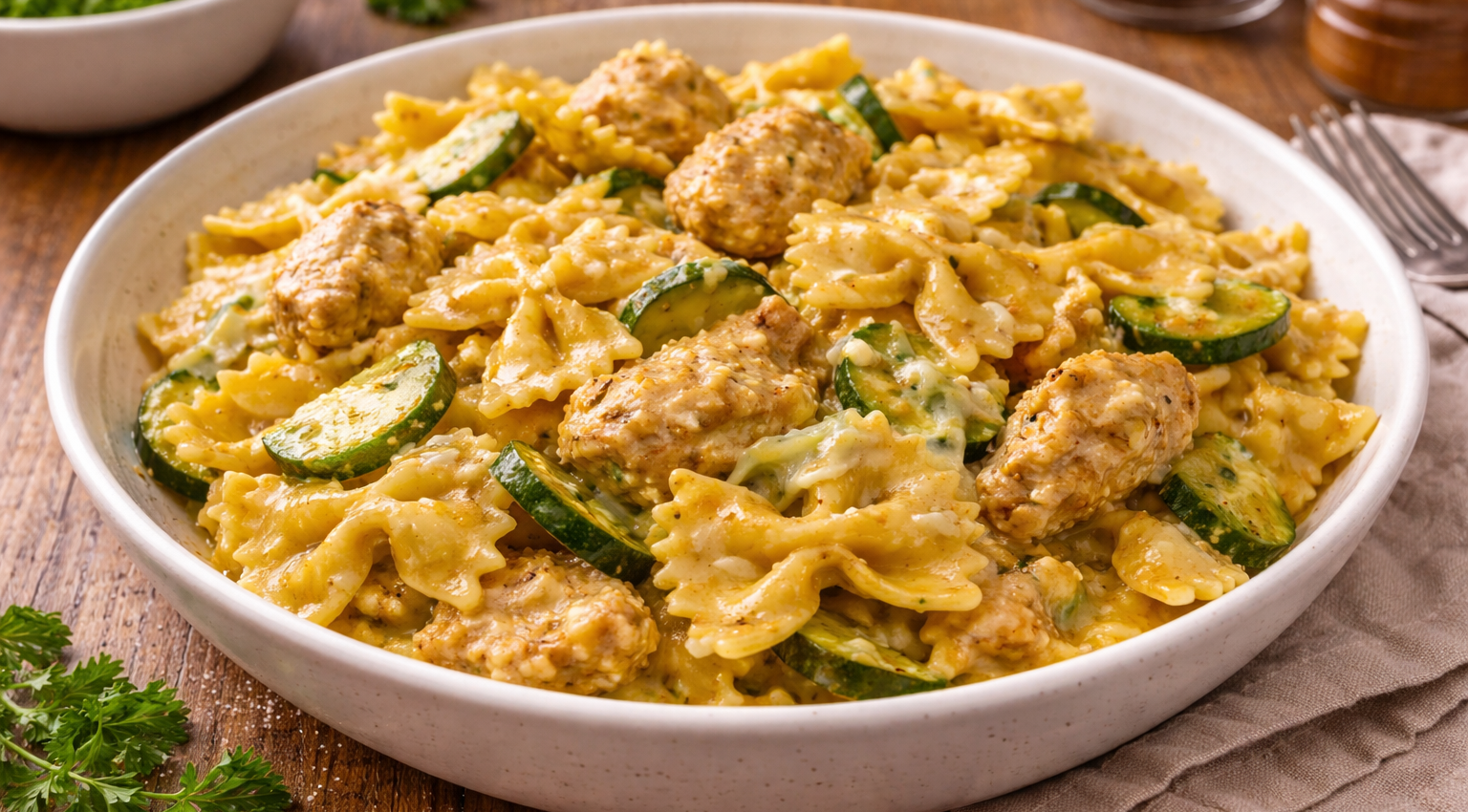 Farfalles crémeuses au poulet, courgette et Fourme d’Ambert au Cookeo