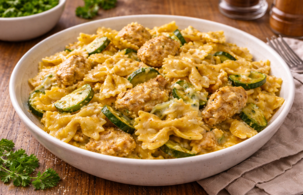 Farfalles crémeuses au poulet, courgette et Fourme d’Ambert au Cookeo