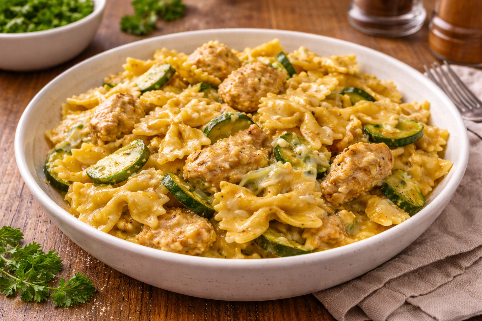 Farfalles crémeuses au poulet, courgette et Fourme d’Ambert au Cookeo