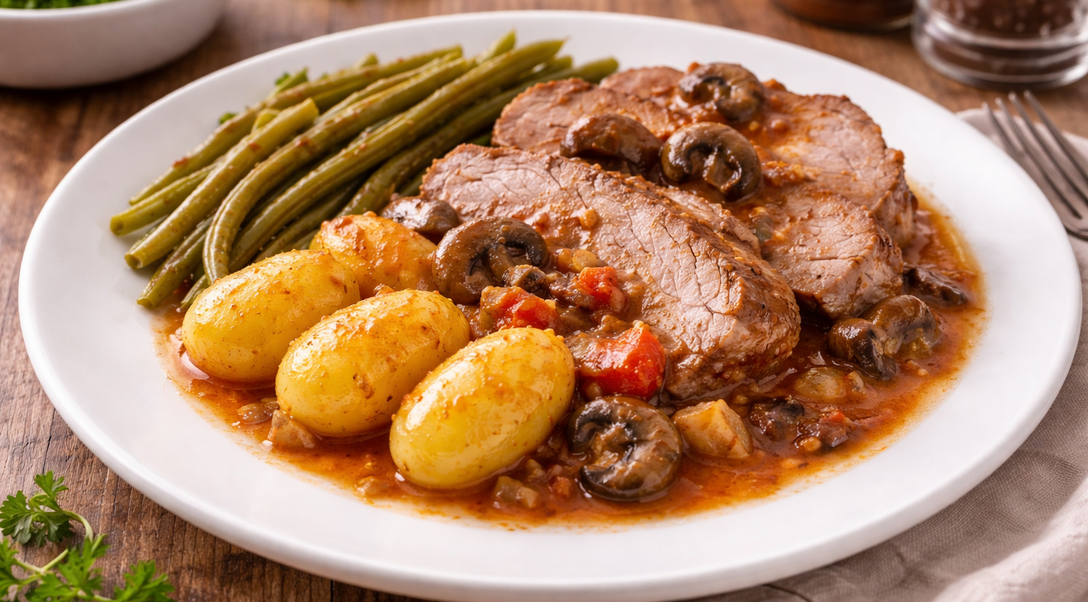 Filet mignon de porc à la tomate, lardons et pommes de terre au Cookeo