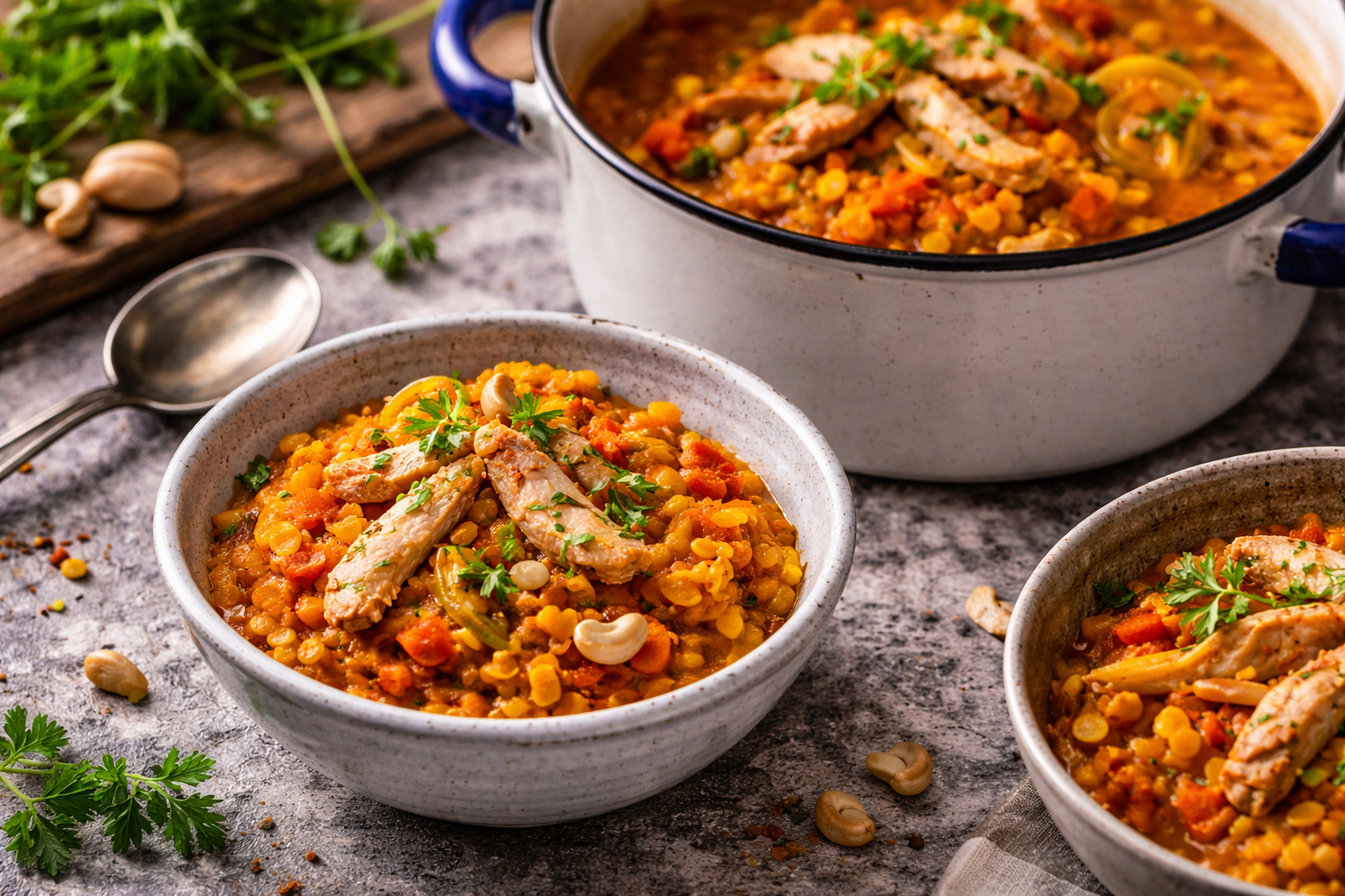 Lentilles corail épicées à la dinde dorée et achards