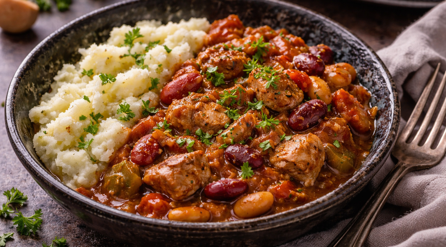 Porc mijoté aux épices et trois haricots