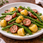 Poêlée rustique au vin blanc, haricots verts et saucisse fumée au robot multi-cuiseur Moulinex