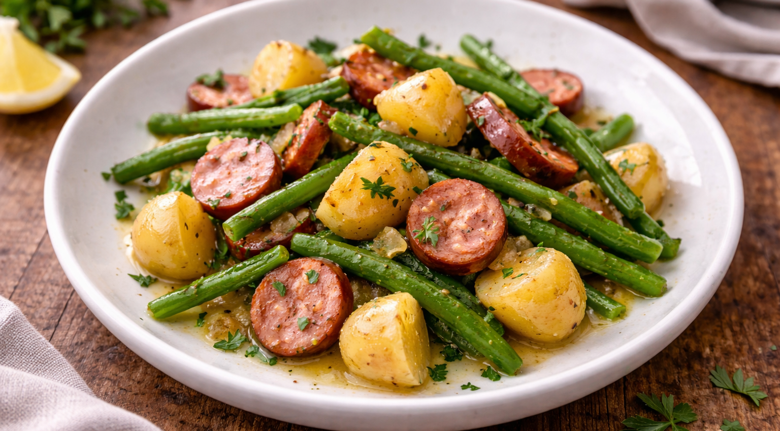 Poêlée rustique au vin blanc, haricots verts et saucisse fumée