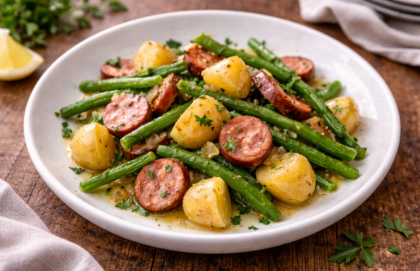 Poêlée rustique au vin blanc, haricots verts et saucisse fumée