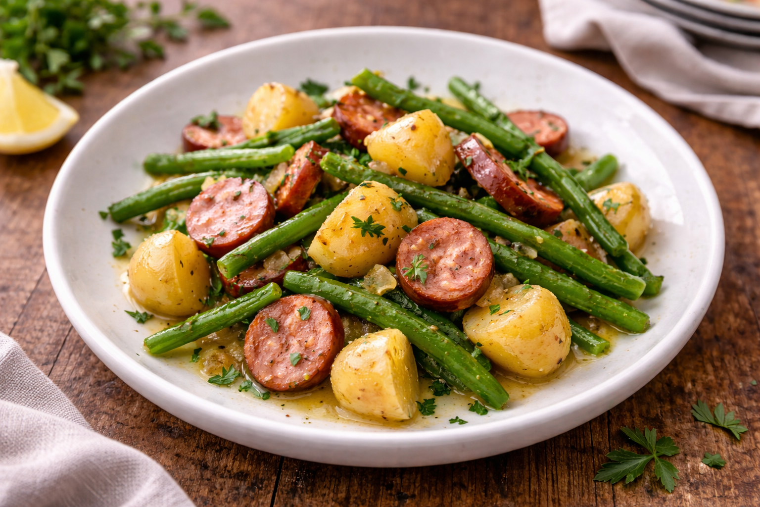 Poêlée rustique au vin blanc, haricots verts et saucisse fumée