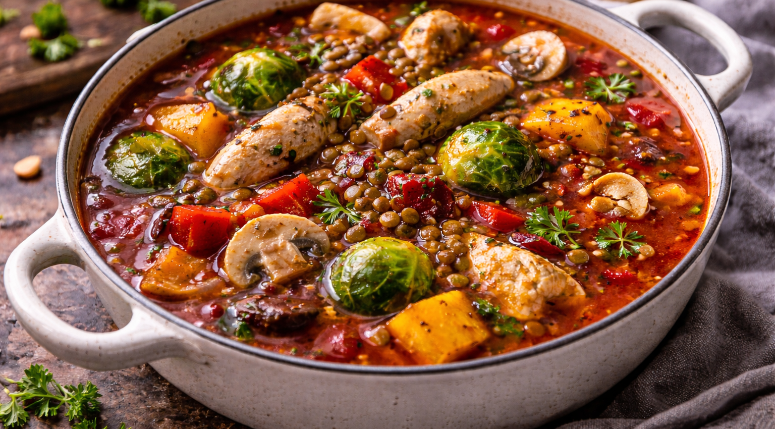 Soupe rouge rustique au poulet et lentilles