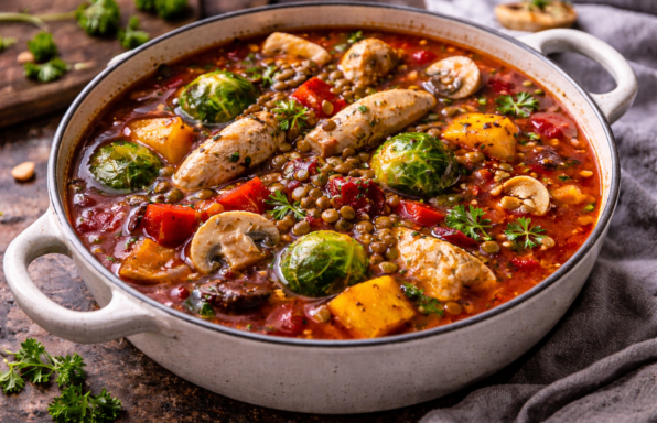 Soupe rouge rustique au poulet et lentilles
