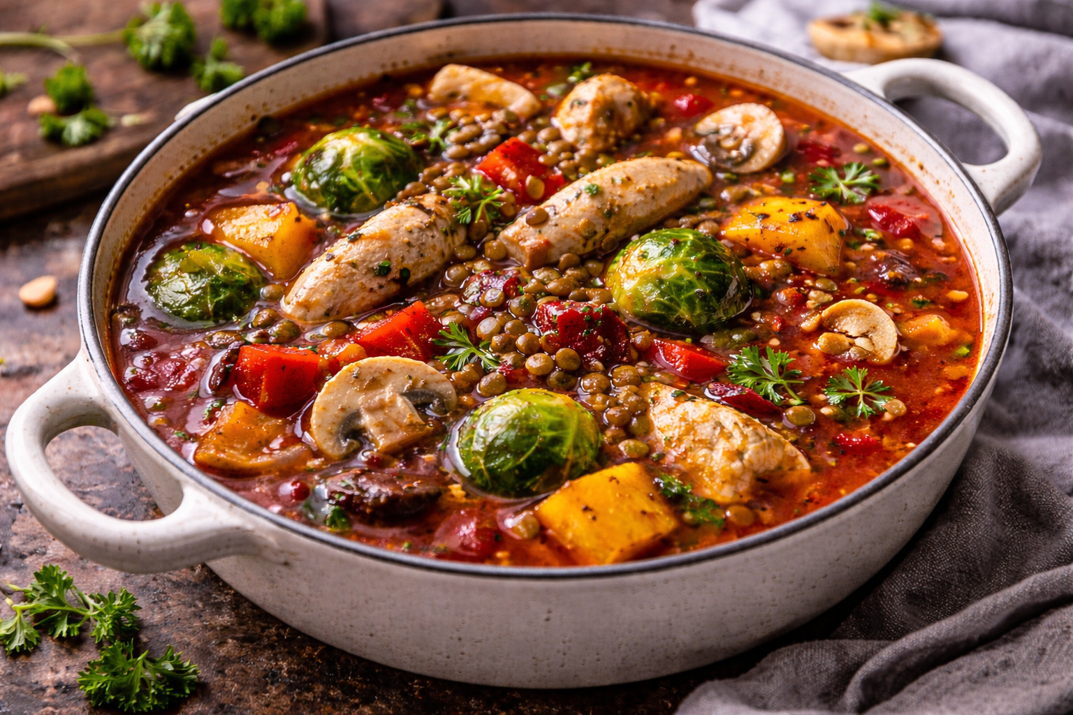 Soupe rouge rustique au poulet et lentilles