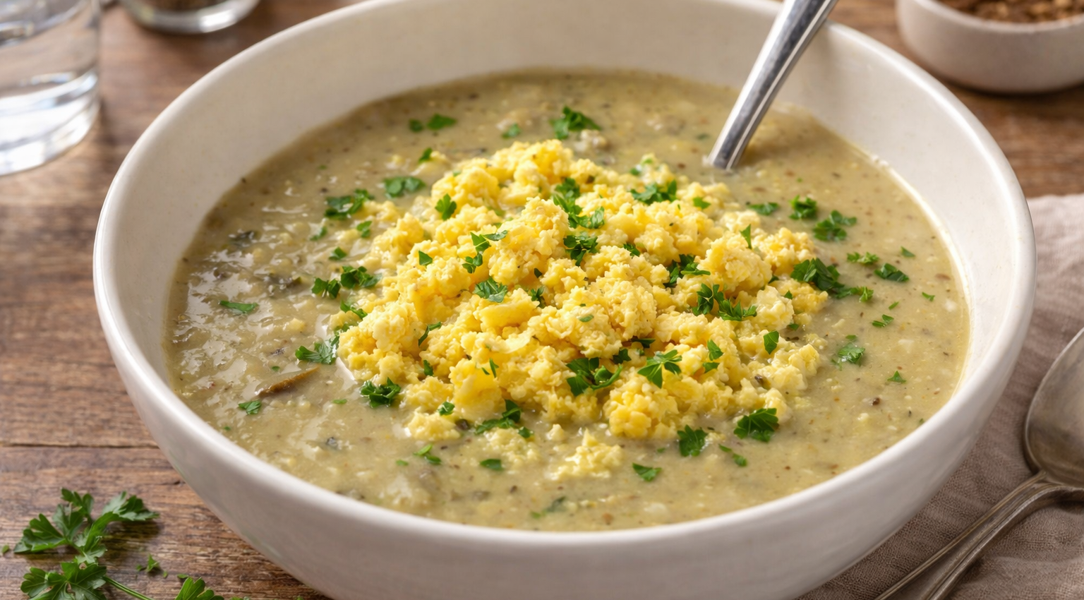Velouté poireaux-champignons avec oeuf brouillé minute