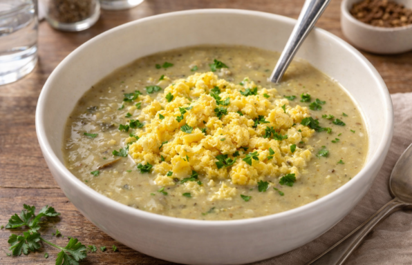 Velouté poireaux-champignons avec oeuf brouillé minute