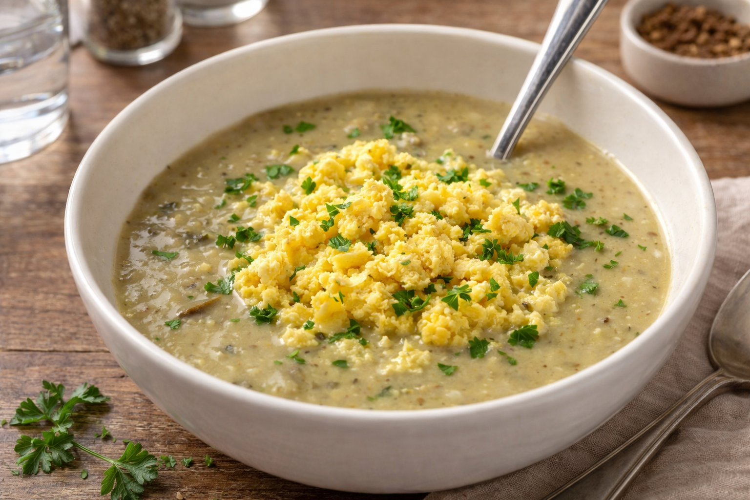 Velouté poireaux-champignons avec oeuf brouillé minute
