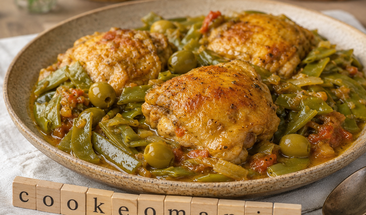 Cuisses de poulet colombo au Cookeo, haricots plats et olives vertes en sauce