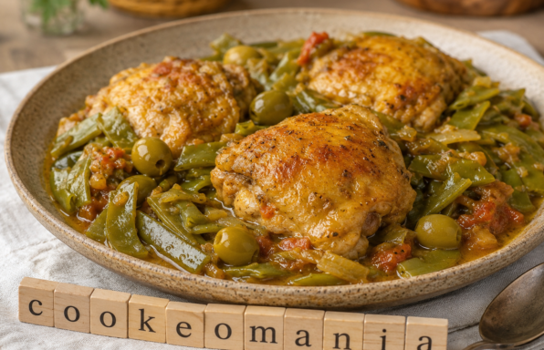 Cuisses de poulet colombo au Cookeo, haricots plats et olives vertes en sauce