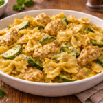 Farfalles crémeuses au poulet, courgette et Fourme d’Ambert au cookéo
