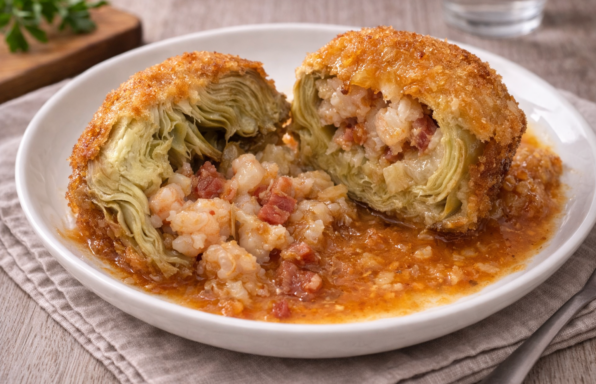 Artichauts farcis jambon-crevettes au Cookeo, sauce tomate au vin blanc