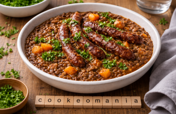 Lentilles mijotées aux merguez et parfum d’ail rôti