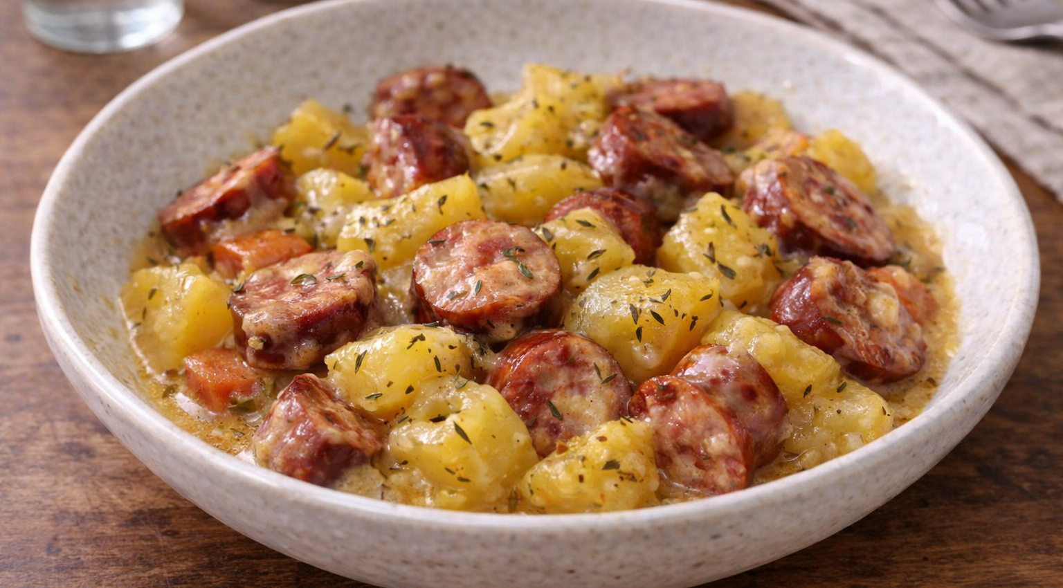 Pommes de terre fondantes aux saucisses fumées au Cookeo